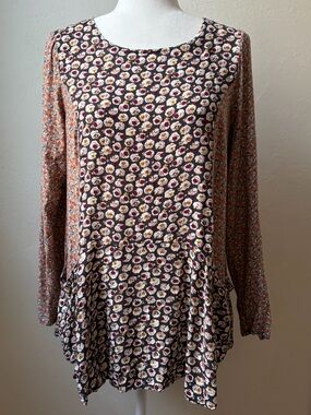 Umgee Mixed Floral Peplum Top Boho 3/4 Sleeve Pocket Blouse Size S